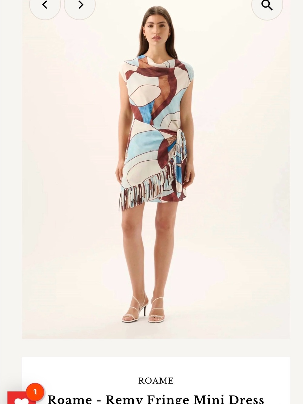 ROAM Abstract Fringe Mini Dress in Blue, Brown and Cream
